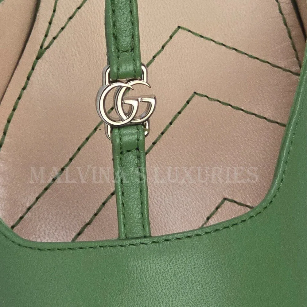 GUCCI SHOES T-STRAP GREEN LEATHER DOUBLE G LOGO SLINGBACK PUMPS 40 10 - Picture 12 of 16